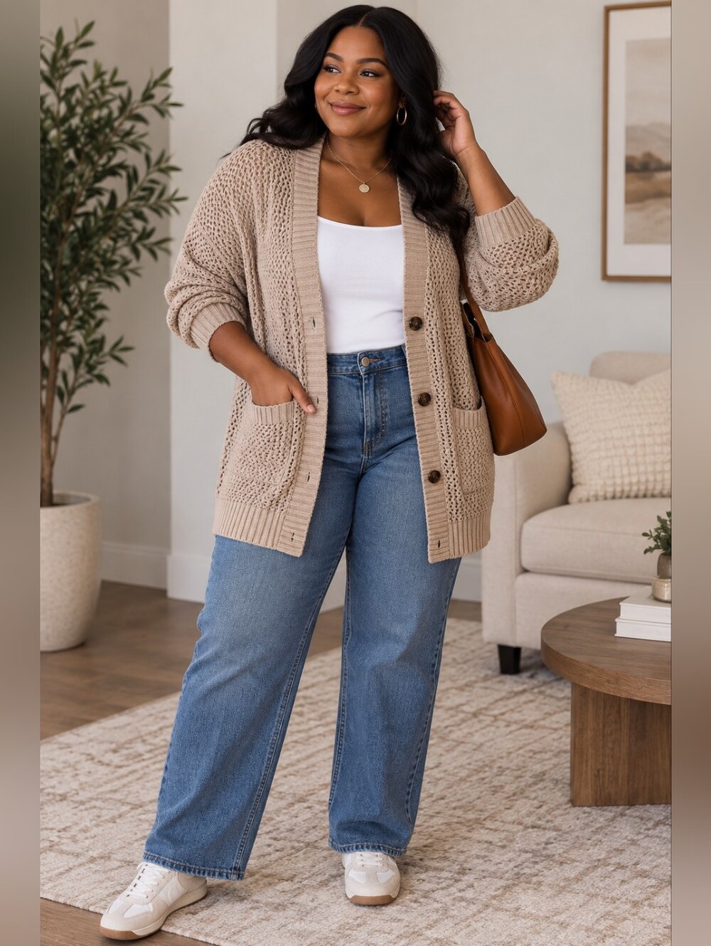 Sonoma Beige Open-Knit Button Cardigan